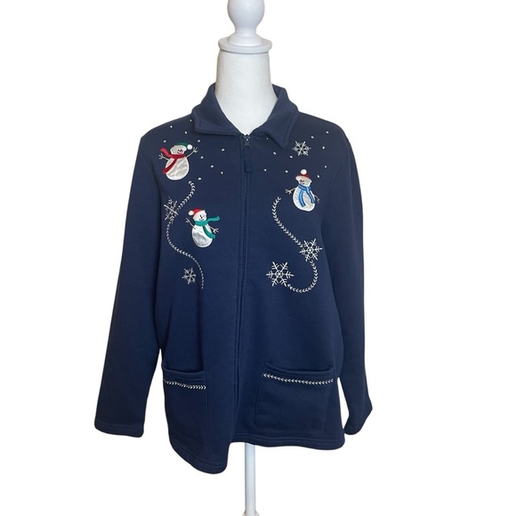 Breckenridge Petite Blue Snowman Button Front Cardigan Large Winter Holiday Warm - Picture 1 of 11
